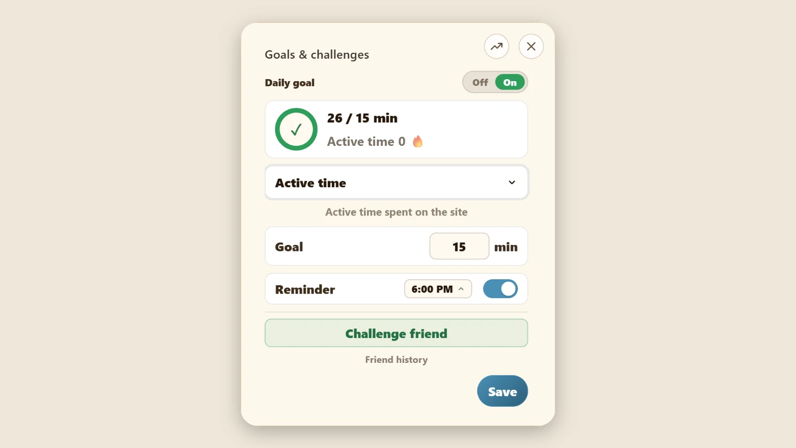 LingoUnify daily goal controls for time, words, reviews and pages