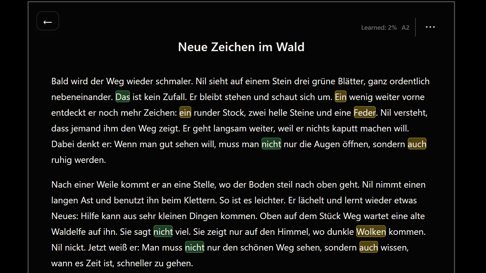 LingoUnify reading view with a short story in German