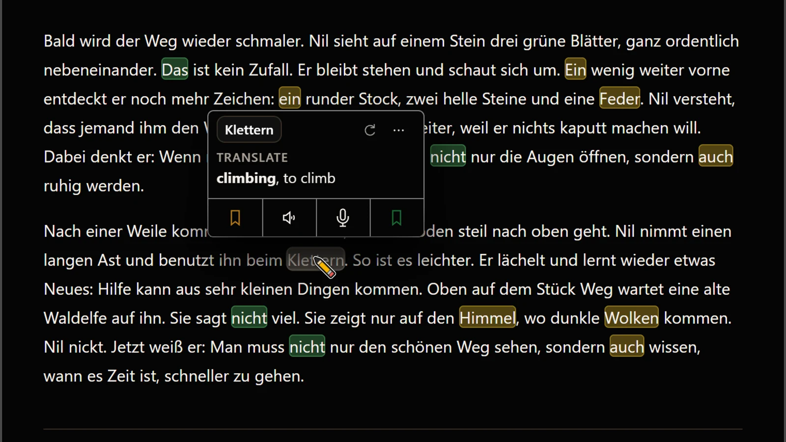 A German word looked up in the LingoUnify reader, with its translation and save button