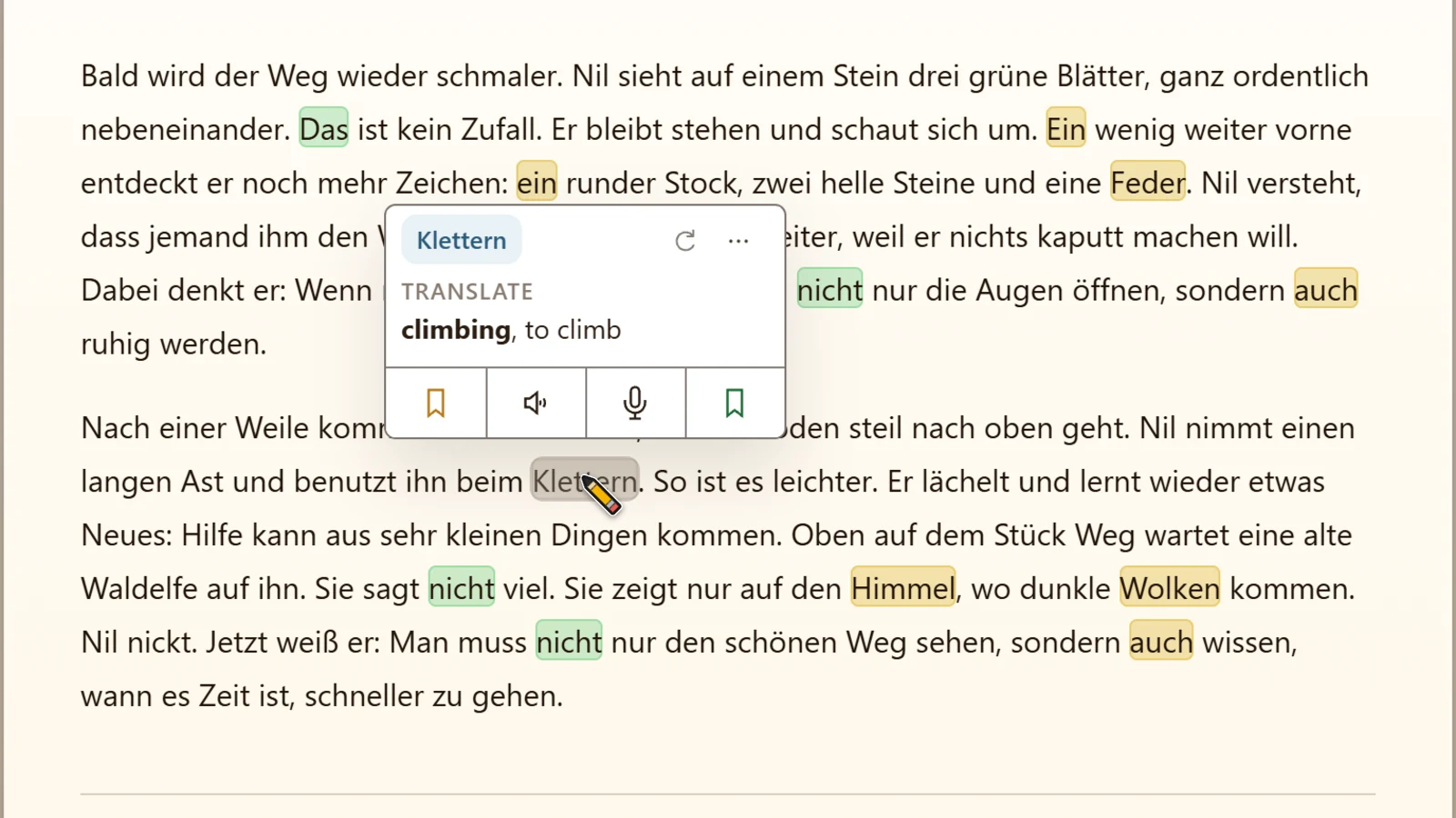 A German word looked up in the LingoUnify reader, with its translation and save button